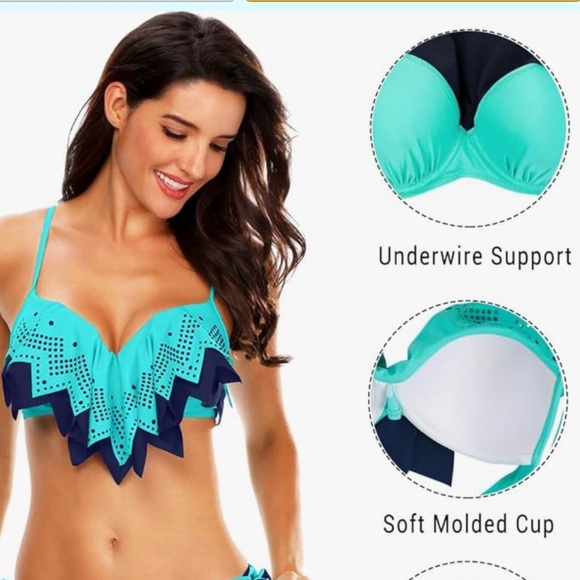 Super Cute Holypick Top & Gottex Bottom Teal/Navy Bikini Set Perforated Ruffle - Picture 2 of 15